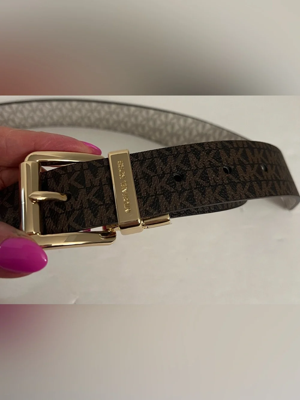 Michael Kors Reversible Logo Belt in Brown and Beige with Gold Buckle